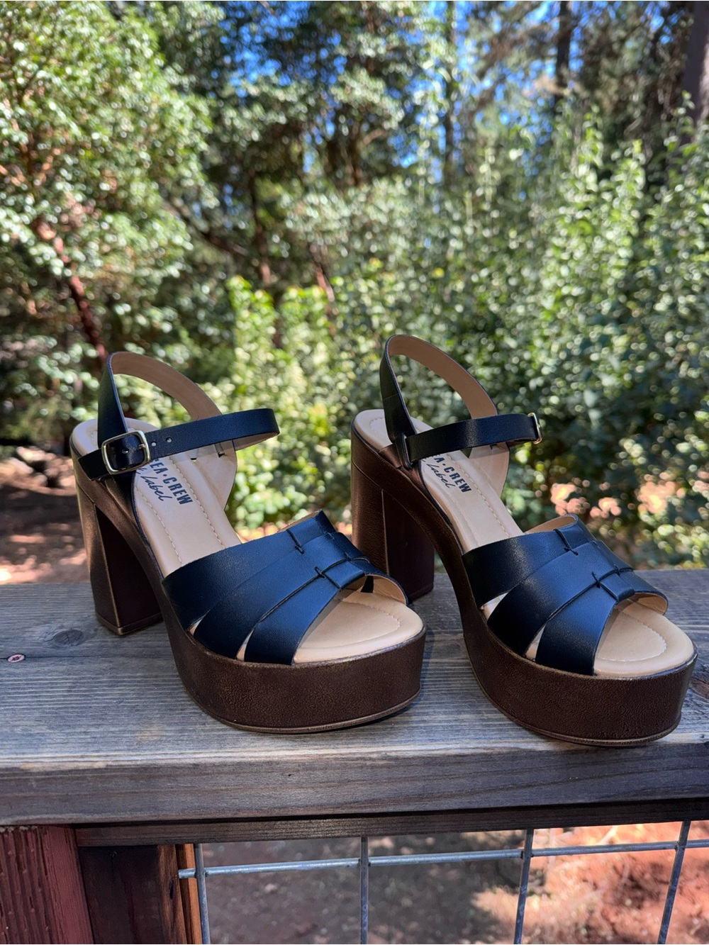 Chelsea Crew Black Leather Platform Sandals with Block Heel